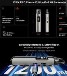 Preview: Elfbar Elfx Pro Kit Pod 0,6Ohm Pod 1200mAh 2ml E-Zigarette 45W Zugautomatik Airflow Control