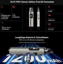 Elfbar Elfx Pro Kit Pod E-Zigarette 1200mAh 45W 2ml Farbdisplay Zugautomatik 2 Pods