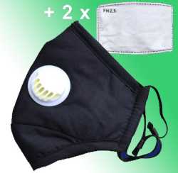Baumwoll Maske mit PM2.5 Ventil + 2 x Aktivkohle Filter
