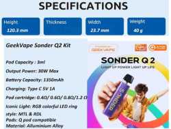 Sonder Q2 30W GeekVape Pod 3,0ml 0,8 Ohm 1350mAh 120,3 x 23,7 mm