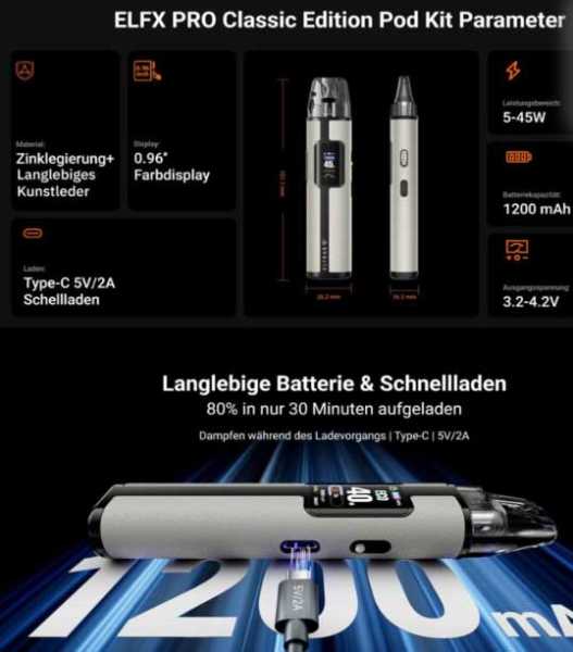 Elfbar Elfx Pro Kit Pod 0,6Ohm Pod 1200mAh 2ml E-Zigarette 45W Zugautomatik Airflow Control