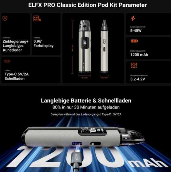 Elfbar Elfx Pro Kit Pod E-Zigarette 1200mAh 45W 2ml Farbdisplay Zugautomatik 2 Pods