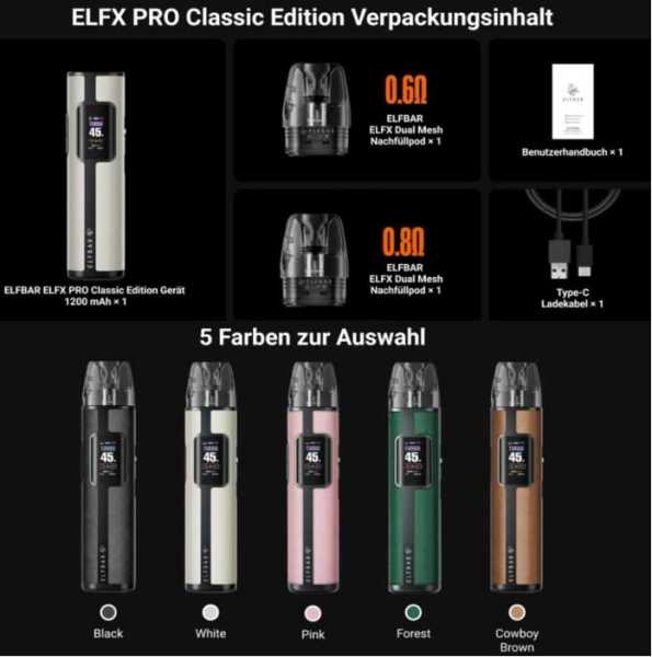 Elfbar Elfx Pro Kit Pod E-Zigarette 1200mAh 45W 2ml Farbdisplay Zugautomatik 2 Pods