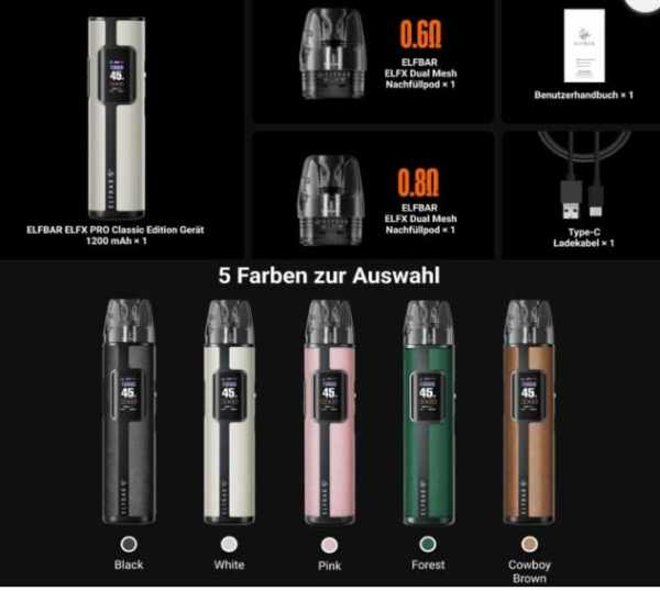 Elfbar Elfx Pro Kit Pod 0,6Ohm Pod 1200mAh 2ml E-Zigarette 45W Zugautomatik Airflow Control