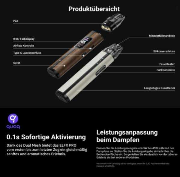 Elfbar Elfx Pro Kit Pod 0,6Ohm Pod 1200mAh 2ml E-Zigarette 45W Zugautomatik Airflow Control