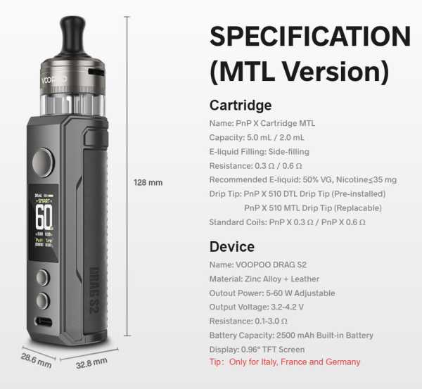 VooPoo Drag S2 2500mAh 5-60-Watt TFT Display